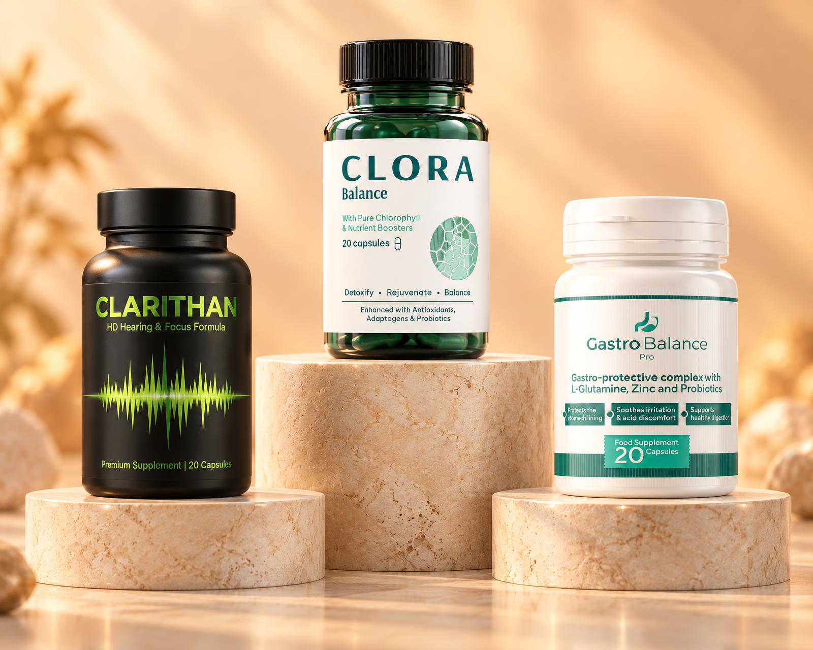 CLARITHAN, CLORA Balance and Gastro Balance Pro on a stone podium